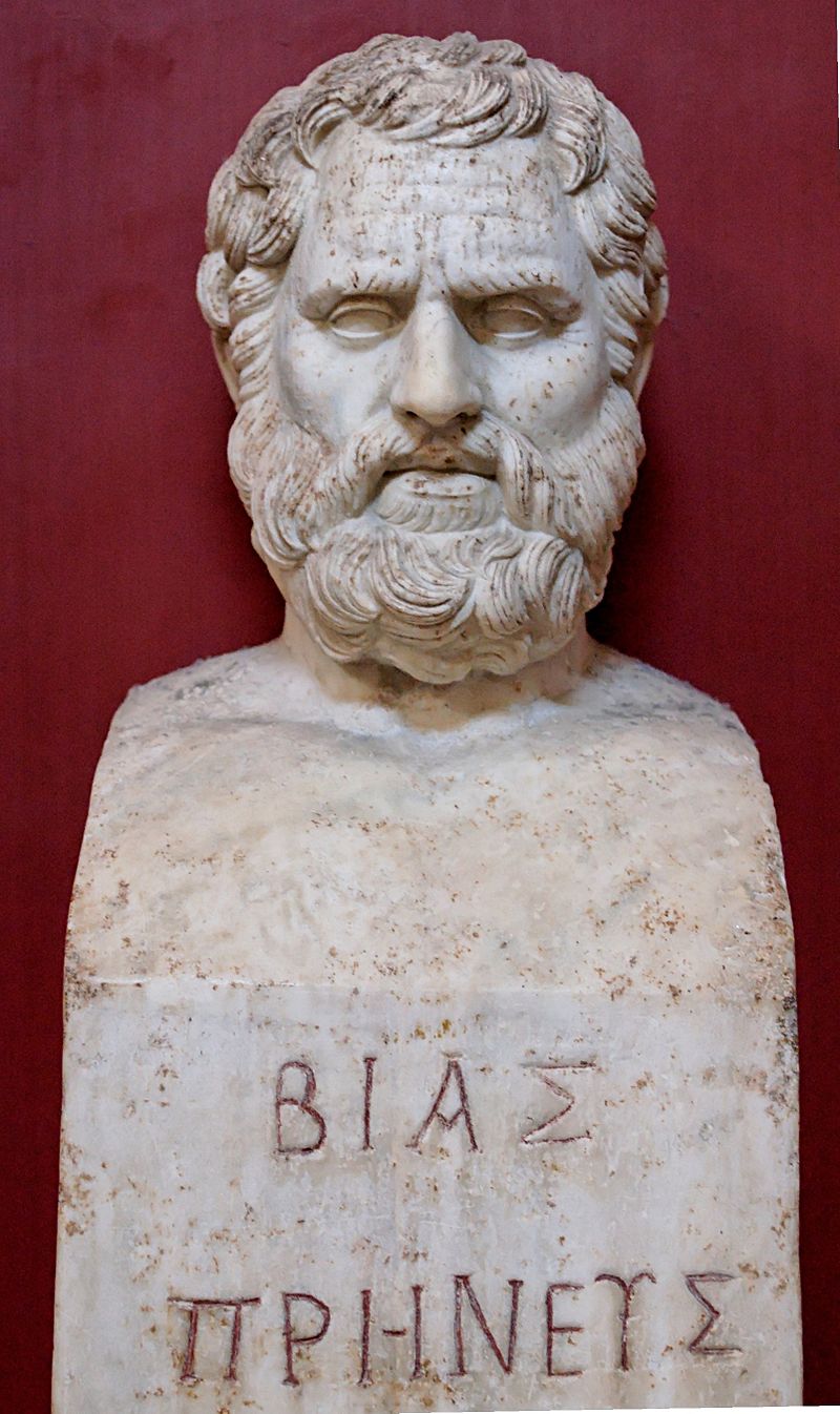 Bust of Bias bearing the inscription “Bias of Priene”. In Greek: ΒΙΑΣ ΠΡΗΝΕΥΣ (BIAS PRĒNEUS), Βίας Πρηνεύς. Marble, Roman copy after a Greek original. From the villa of Cassius near Tivoli, 1774.